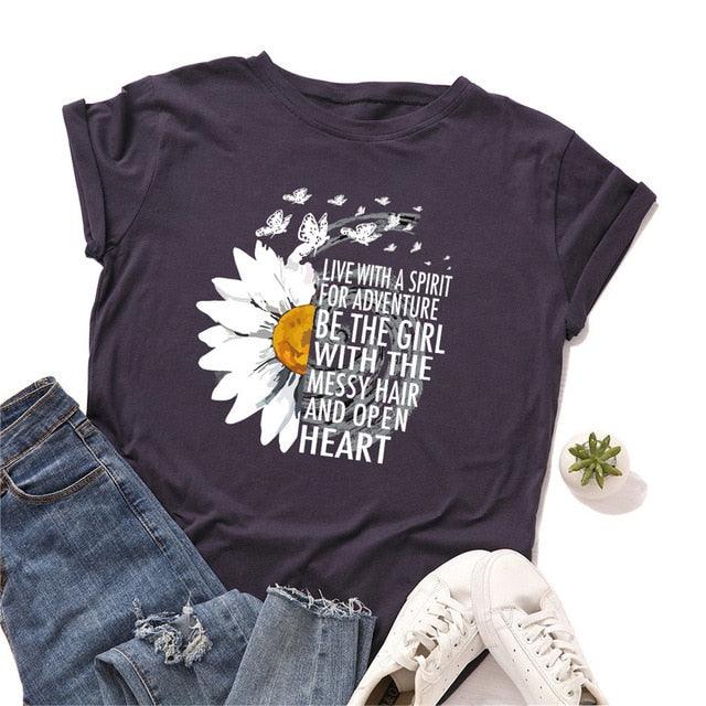 Motivational Women's T Shirts - Cotton Female Chrysanthemum Print Graphics Tops - Summer 5XL (D19)(TB2)