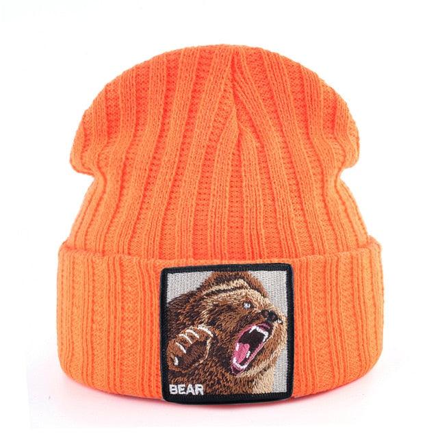 Embroidery Bear Knitted Beanies Hat - Men Solid Color Autumn Winter Beanies (MA8)