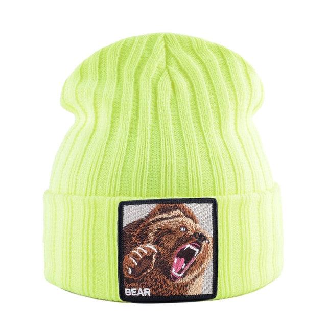 Embroidery Bear Knitted Beanies Hat - Men Solid Color Autumn Winter Beanies (MA8)