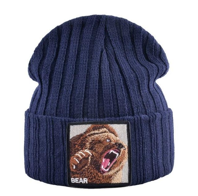 Embroidery Bear Knitted Beanies Hat - Men Solid Color Autumn Winter Beanies (MA8)