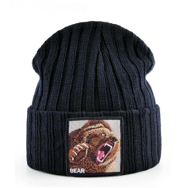 Embroidery Bear Knitted Beanies Hat - Men Solid Color Autumn Winter Beanies (MA8)