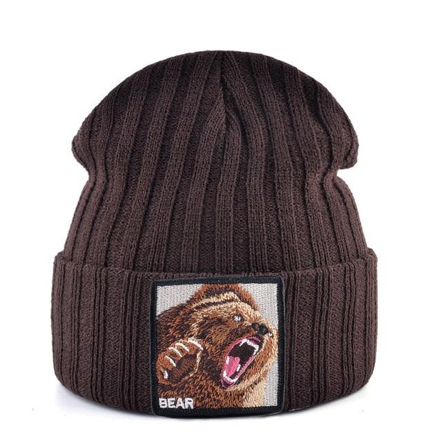 Embroidery Bear Knitted Beanies Hat - Men Solid Color Autumn Winter Beanies (MA8)