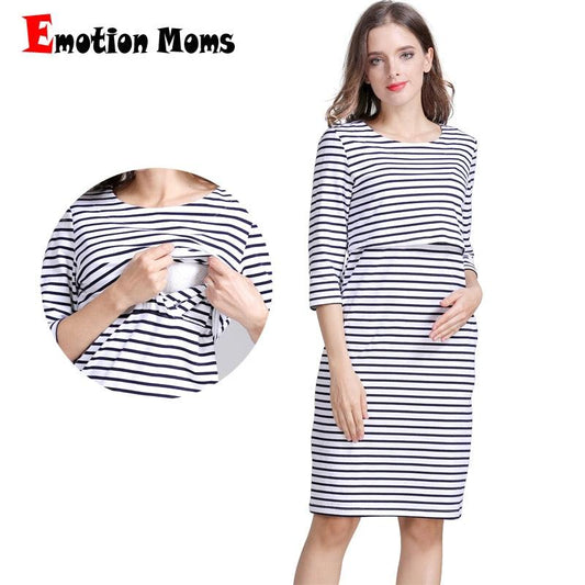 Moms Cotton Striped Pregnancy Nursing Dress - Maternity Breastfeeding Dress - Summer Spring (6Z1)(Z9)(Z7)(2Z1)