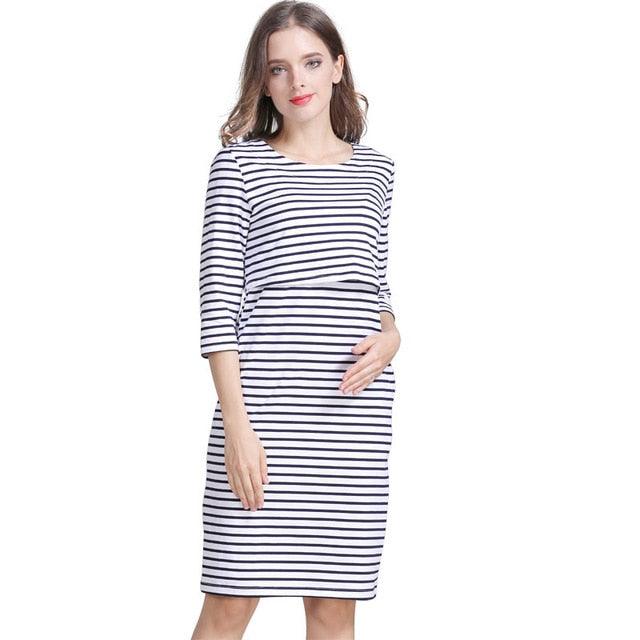 Moms Cotton Striped Pregnancy Nursing Dress - Maternity Breastfeeding Dress - Summer Spring (6Z1)(Z9)(Z7)(2Z1)