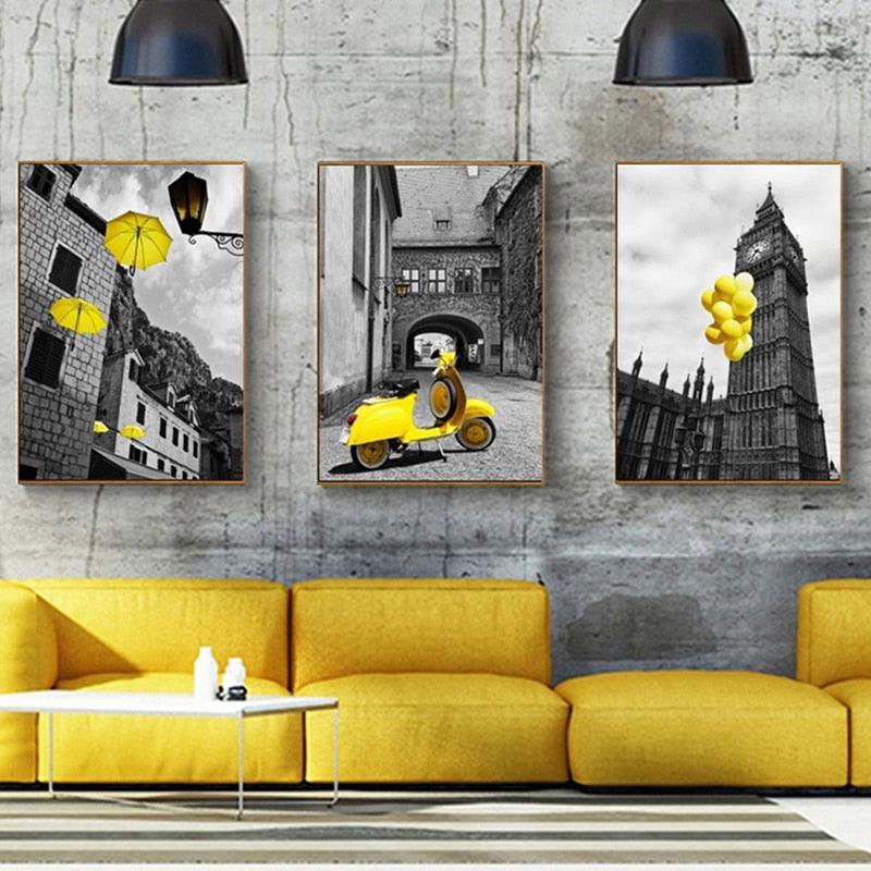 Europe City Scenery Yellow Retro Picture Home Decor Print Poster Nordic Canvas Painting Living Room Bedroom (AD1)(1BM)
