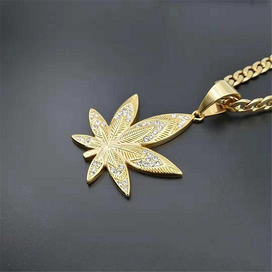 European Leaf Pendant Necklaces - Men Gold Color Stainless Steel Rhinestones Necklaces (MJ2)(F83)