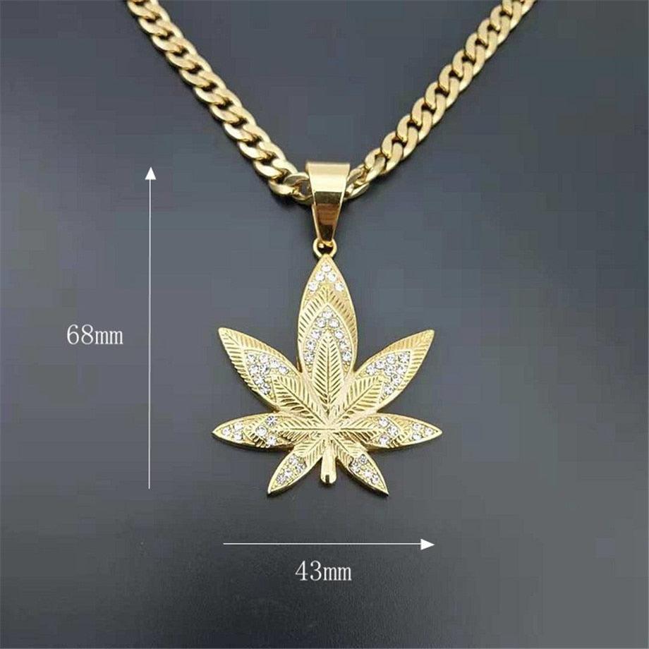 European Leaf Pendant Necklaces - Men Gold Color Stainless Steel Rhinestones Necklaces (MJ2)(F83)