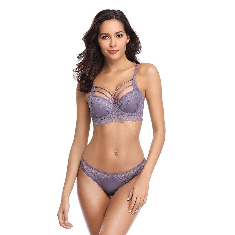 Gorgeous Sexy Cross Underwear - Hollow Push Up Bra Set - Lace Embroidery Bra + Panties - B C Cup - Push Size Lingerie Set (TSB4)