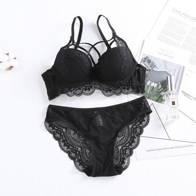 Sexy Black 1/2 Cup Push Up Bra Set Women Lace Embroidery Lingerie