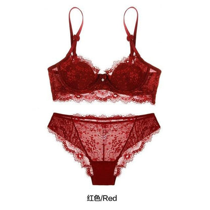 European Sexy Lace Bra Set - Wireless Ultra Thin Women's Transparent Underwear - Adjustable Push Up Bra + Panties Set (D27)(TSB4)
