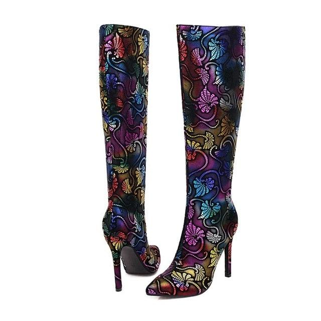 Gorgeous Printed Knee Length Boots - High Stiletto Round Toe D38)D36)(BB3)(BB2)(CD)(WO4)