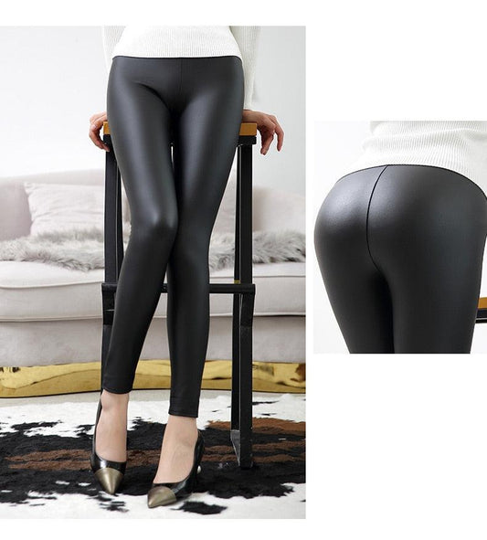 Gorgeous High Waist Women's Leather Leggings - Thin & Thick Femme Fitness PU Leggings - Push Up Slim Pants (D31)(TBL)