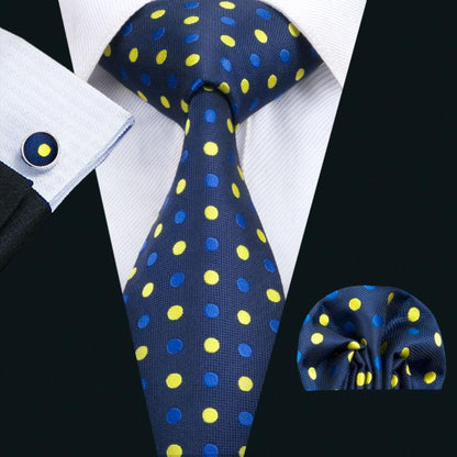 Hot Sale New Men's Tie - Blue Yellow Dots Silk Jacquard Necktie Hanky Cufflinks Set (2U17)