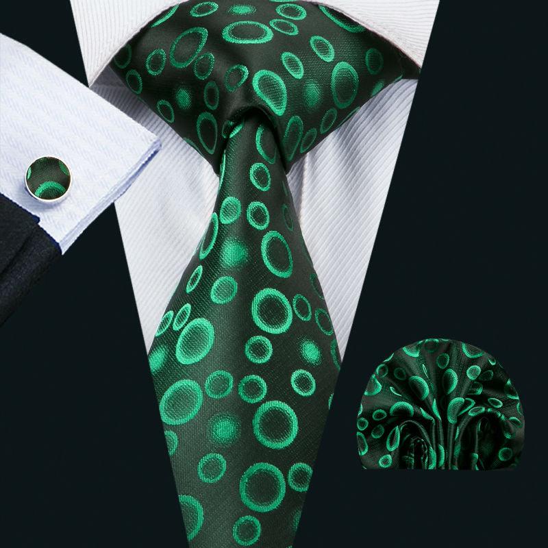 Fashion Men's Tie Green Dot Geometric Silk Jacquard Woven Necktie Hanky Cufflinks Set Tie (2U17)