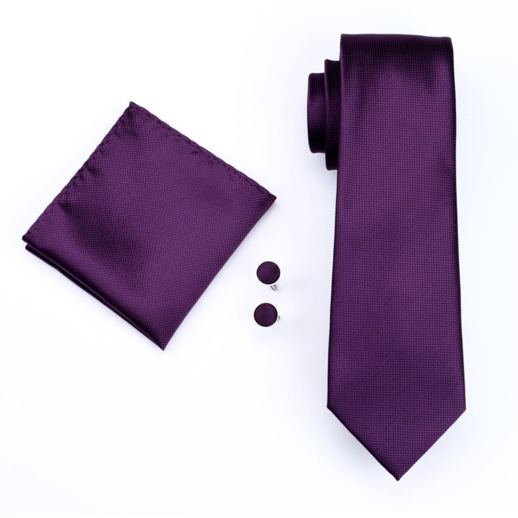 Great Men's Tie - Solid Purple Jacquard Woven Classic Tie - Hanky Cufflinks Set (2U17)