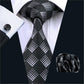 Necktie Black Plaid 100% Silk Jacquard Tie - Hanky Cufflinks Set- Business Wedding Party Ties (2U17)