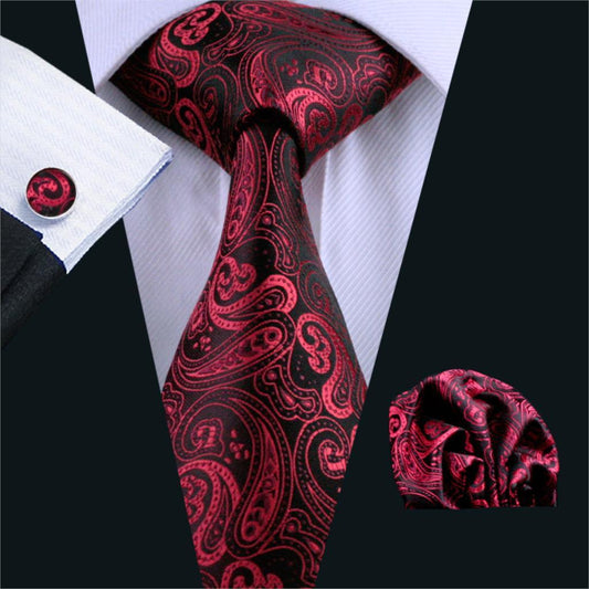 Men's Tie Red Paisley Silk Jacquard Woven Classic Tie - Hanky Cufflinks Set For Men Business (2U17)