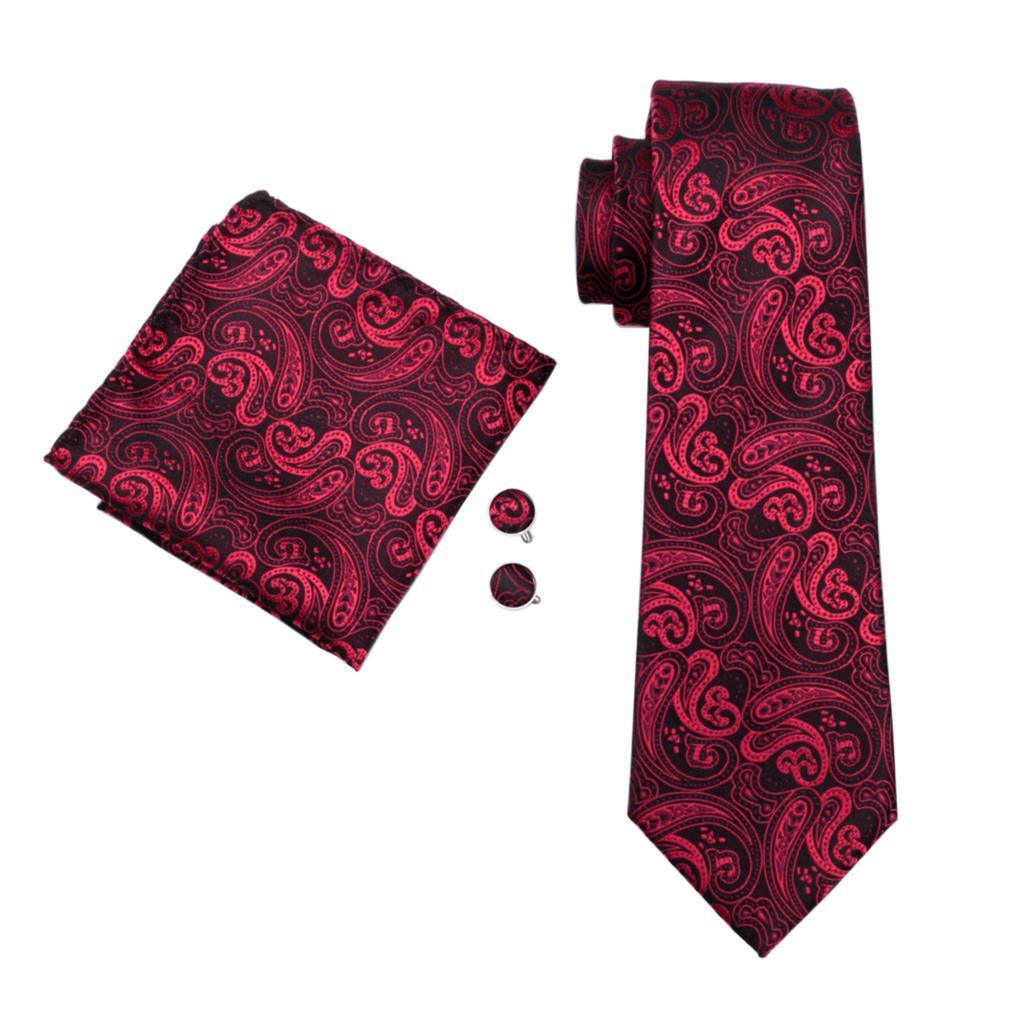 Men's Tie Red Paisley Silk Jacquard Woven Classic Tie - Hanky Cufflinks Set For Men Business (2U17)