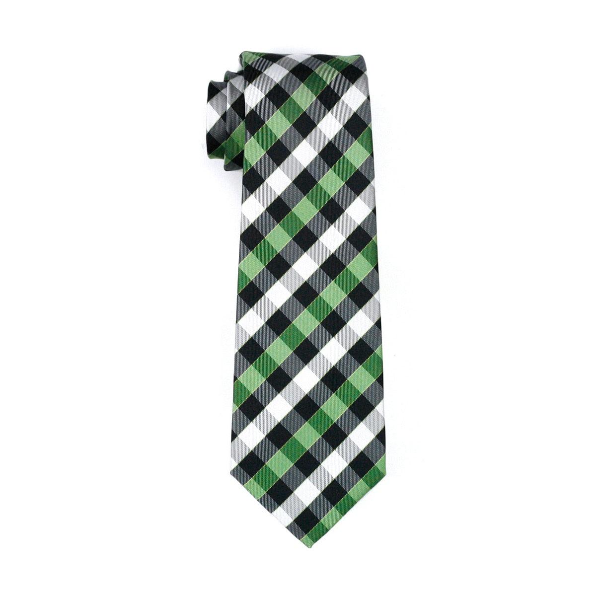 Men's Tie White & Black &Green Plaid Silk Jacquard Woven classical Tie- Hanky Cufflinks Set (2U17)