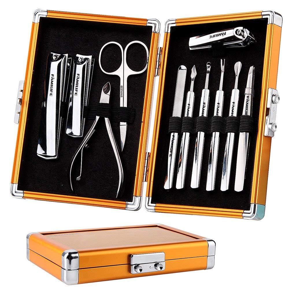 11PCS Manicure Pedicure Set L05 Stainless Steel Nails Clipper Scissors with Luxury Gift Box Gold Case Best Gift (N3)(F85)