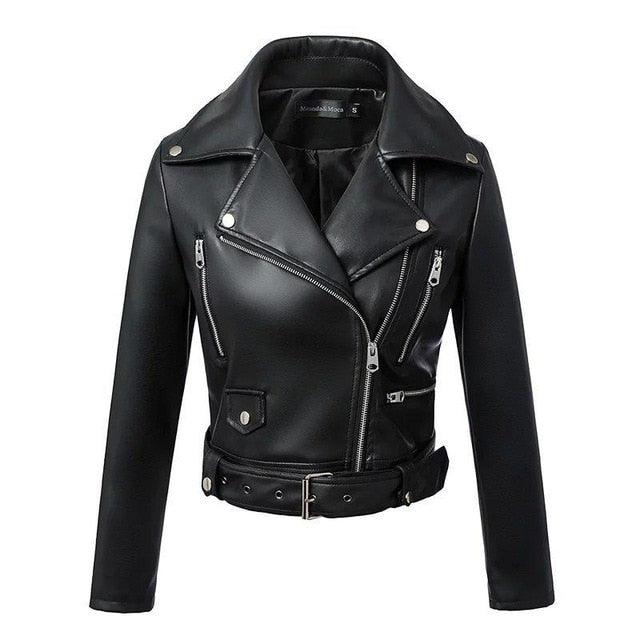 New Women Autumn Winter Black Faux Leather Jackets - Zipper Basic Coat Turn Down Collar Jacket With Belt (D23)(TB8B)