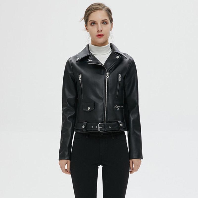 New Women Autumn Winter Black Faux Leather Jackets - Zipper Basic Coat Turn Down Collar Jacket With Belt (D23)(TB8B)