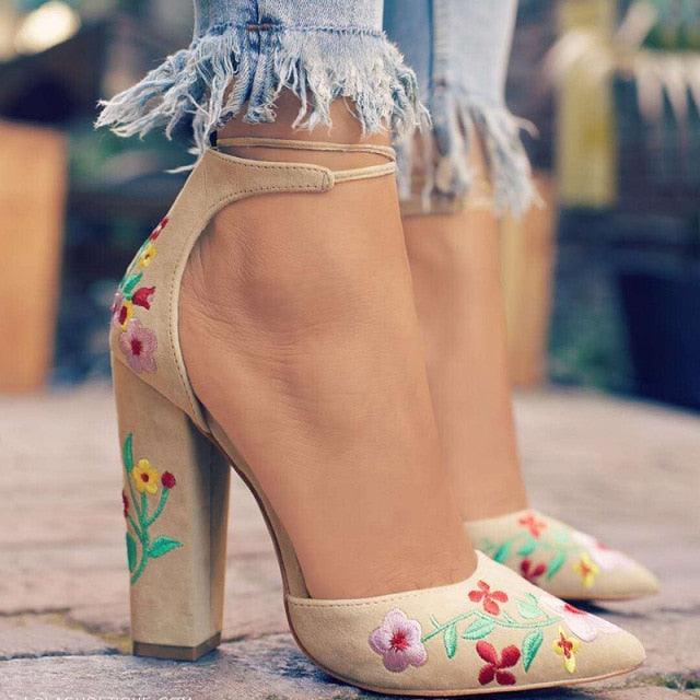 Gorgeous Women Heels Embroidery Pumps - Flower Ankle Strap Shoes (SH3)(SH1)(SH2)(CD)(WO4)(WO5)