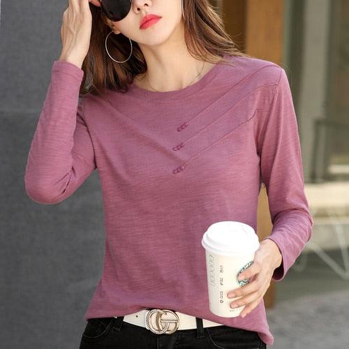 Fashion O-neck Long Sleeve Shirt - Women Plus Size Cotton T-shirt - Autumn Solid Loose Top (TB2)(F19)