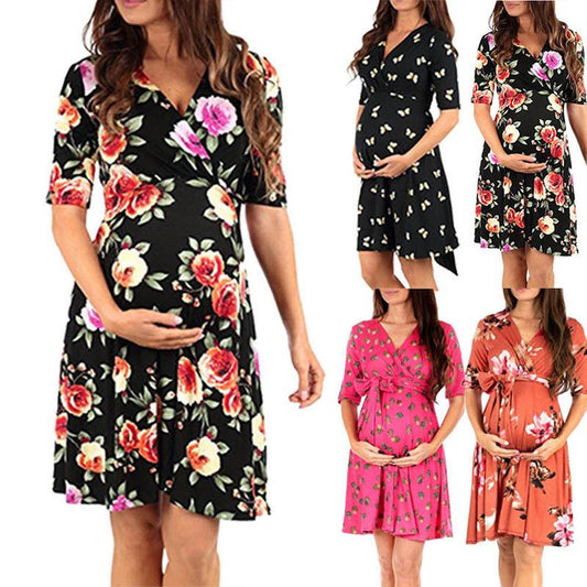 Fashion Women Floral Maternity Midi A-Line Dress - Summer Casual Pregnancy Swing Sundress (5Z1)(1Z1)(Z9)(Z7)(Z6)