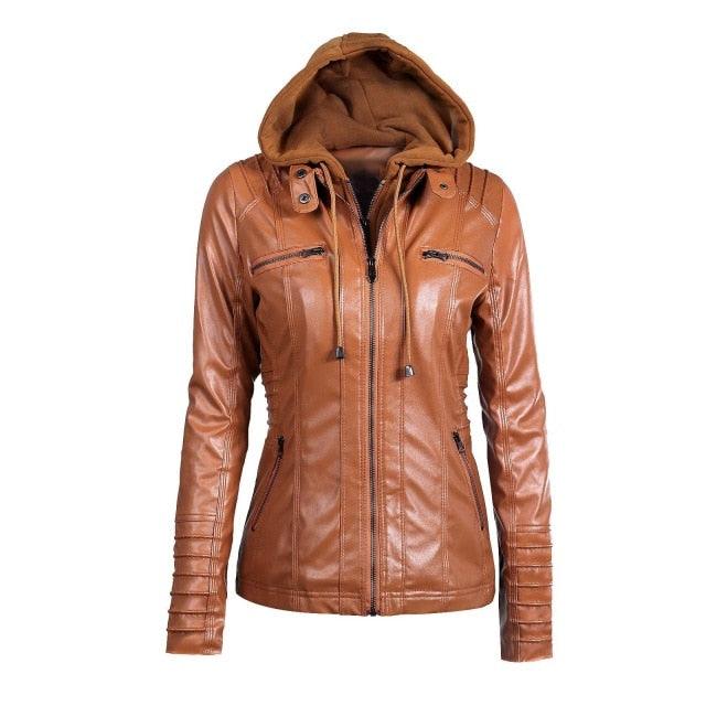 Trending New Women Autumn Winter Hooded Faux Leather Jacket - Plus Size 5xl Pu Leather Coat (D23)(TB8B)