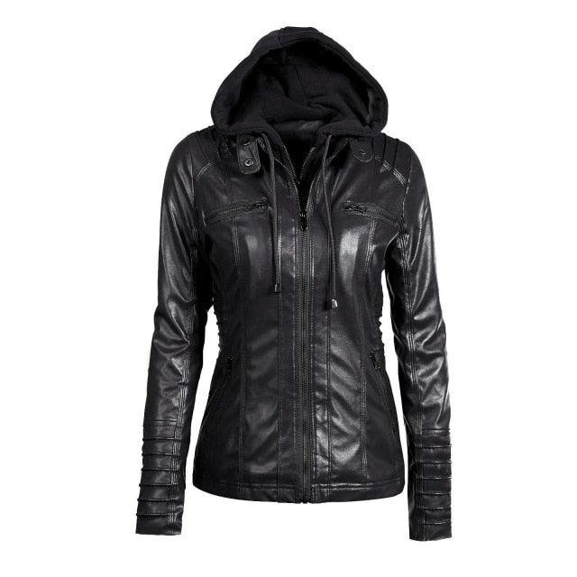Trending New Women Autumn Winter Hooded Faux Leather Jacket - Plus Size 5xl Pu Leather Coat (D23)(TB8B)