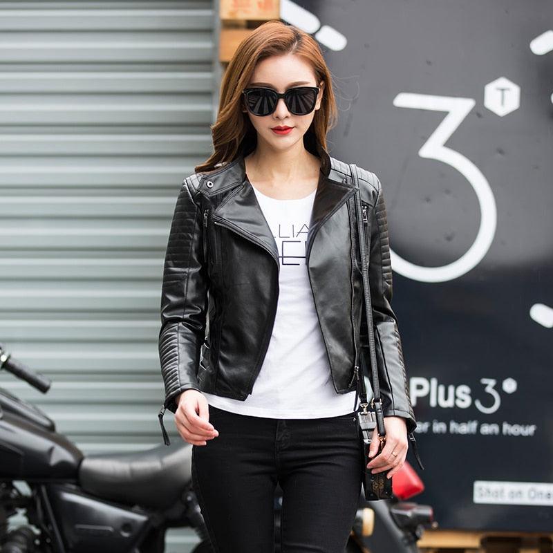 Women Punk Leather Jacket - Soft PU Faux Leather Female Tops (TB8B)(F23)