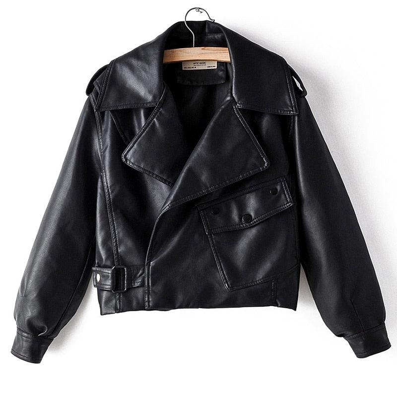 Beautiful Autumn Women Leather Jacket - Turndown Collar Loose Streetwear Black Outerwear (TB8B)