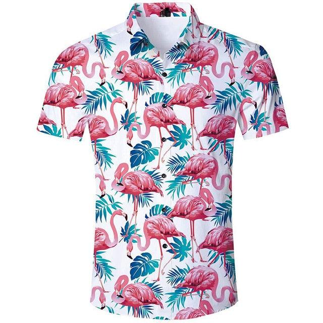 Great Flamingo Printed Hawaiian Beach Shirt -Men Summer Short Sleeve Tropical Holiday Shirt (TM1)