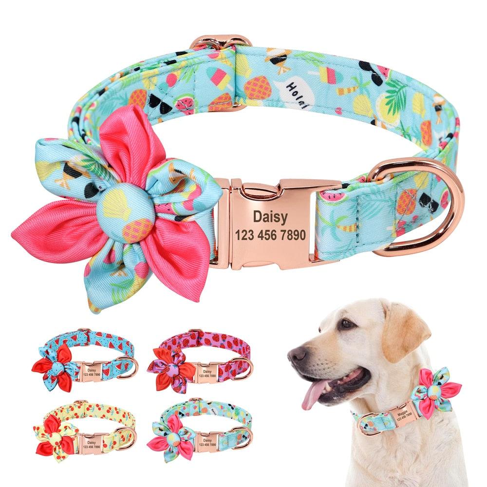 Floral Personalized Dog Collar - Fruit Printed Customized Pet ID Collars Free Engraving Dog Accessories (D70)(1W1)