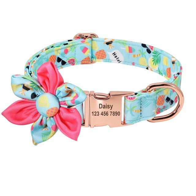 Floral Personalized Dog Collar - Fruit Printed Customized Pet ID Collars Free Engraving Dog Accessories (D70)(1W1)