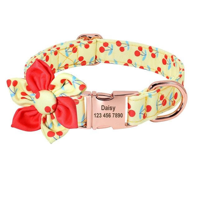 Floral Personalized Dog Collar - Fruit Printed Customized Pet ID Collars Free Engraving Dog Accessories (D70)(1W1)