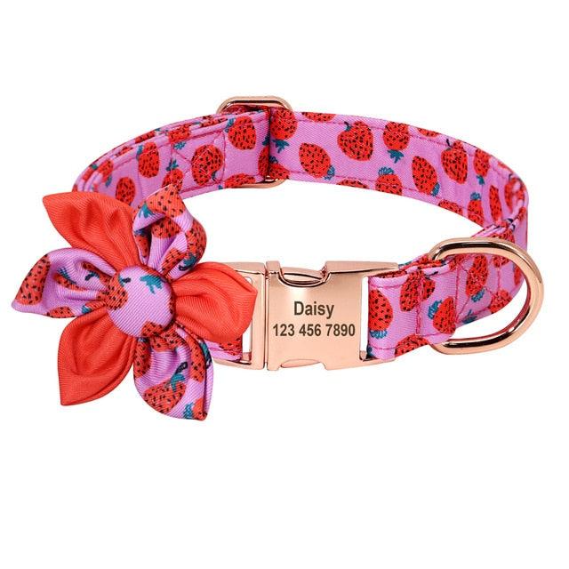 Floral Personalized Dog Collar - Fruit Printed Customized Pet ID Collars Free Engraving Dog Accessories (D70)(1W1)