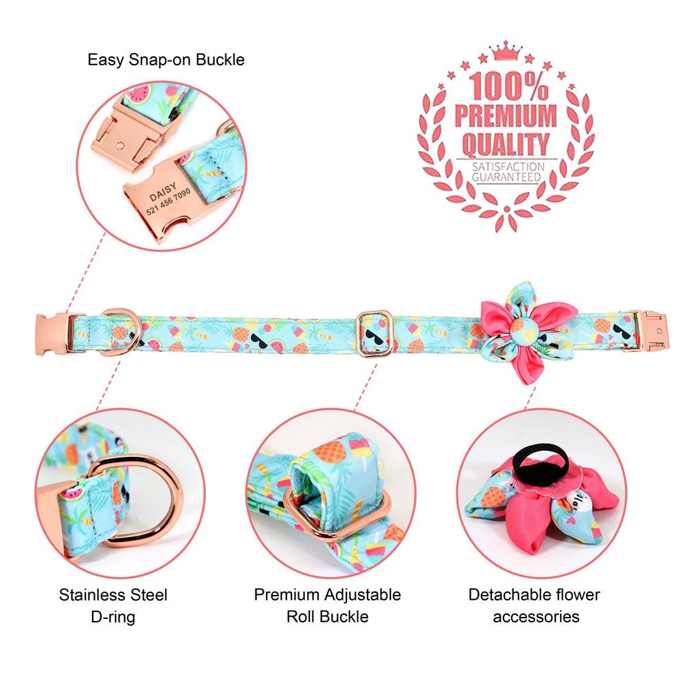 Floral Personalized Dog Collar - Fruit Printed Customized Pet ID Collars Free Engraving Dog Accessories (D70)(1W1)