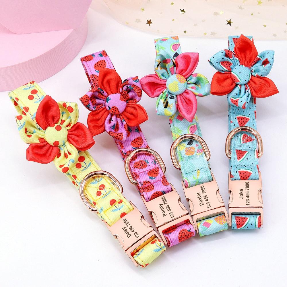 Floral Personalized Dog Collar - Fruit Printed Customized Pet ID Collars Free Engraving Dog Accessories (D70)(1W1)