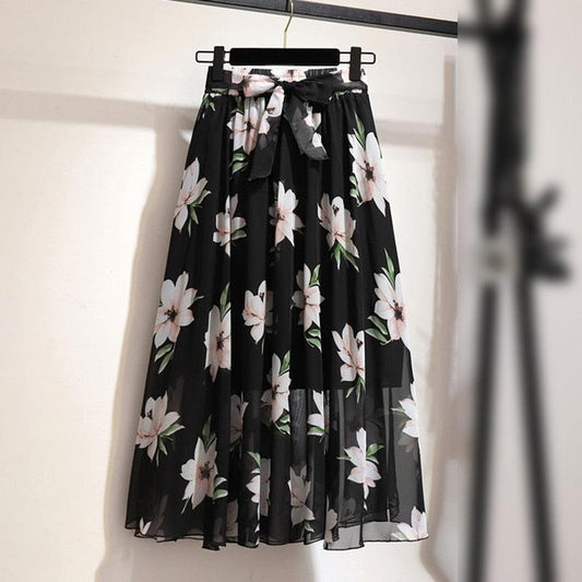 Great Floral Print Long Skirts - Printed Chiffon Skirt - Summer Women Streetwear Drawstring Elastic Waist Midi Skirt (5U22)