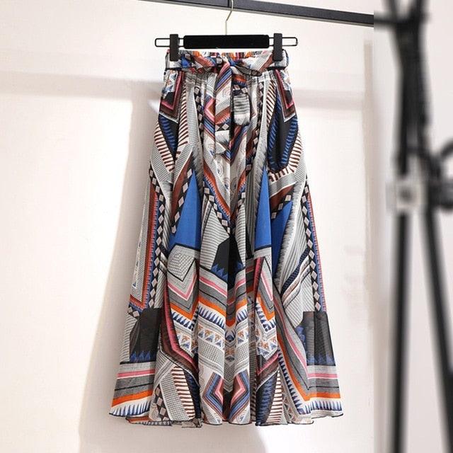 Great Floral Print Long Skirts - Printed Chiffon Skirt - Summer Women Streetwear Drawstring Elastic Waist Midi Skirt (5U22)