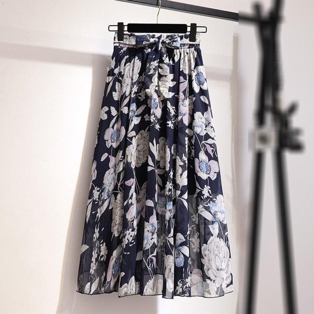 Great Floral Print Long Skirts - Printed Chiffon Skirt - Summer Women Streetwear Drawstring Elastic Waist Midi Skirt (5U22)
