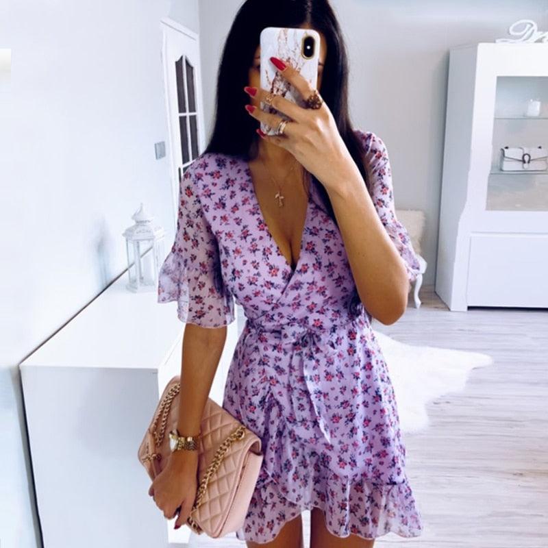 Super Sexy Women Lilac Floral Wrap Dress - Summer Elegant Flare Sleeve Boho Print Mini Sundress Clothes (WS06)