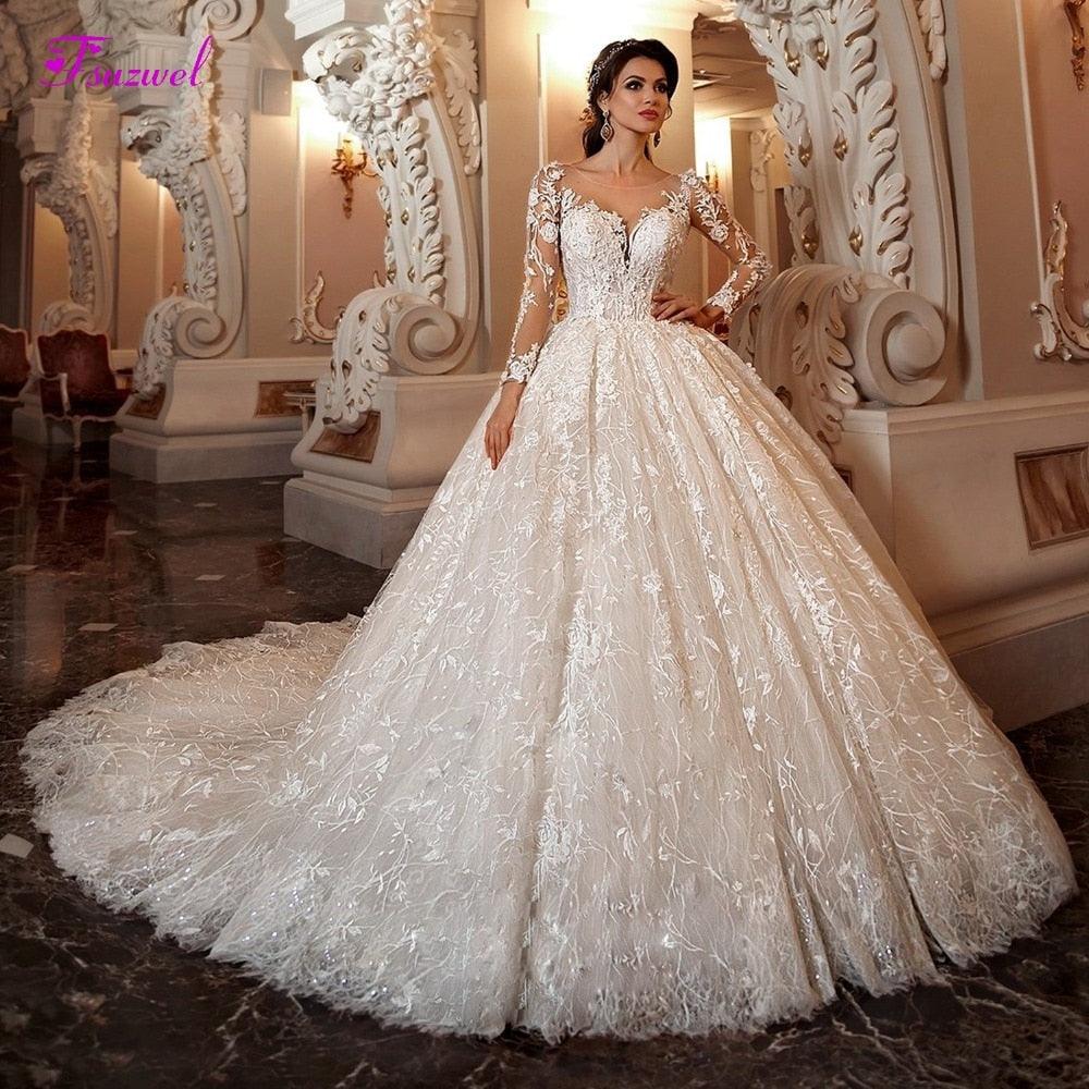 Gorgeous Chapel Train Lace Ball Gown Wedding Dress - Sexy Scoop Neck Long Sleeve Beaded Princess Bride Gown (WSO1)