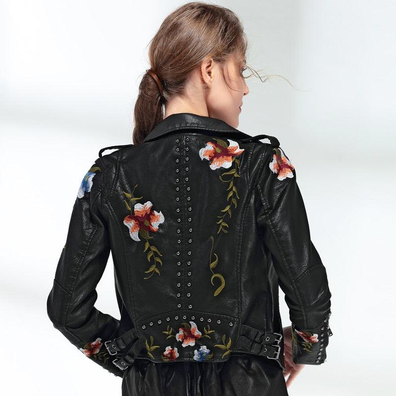 Gorgeous Floral Print Embroidery Faux Soft Leather Jacket Coat - Turn Down Collar - Casual Black Punk Outerwear (TB8B)