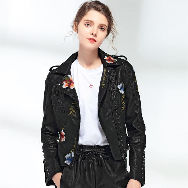 Gorgeous Floral Print Embroidery Faux Soft Leather Jacket Coat - Turn Down Collar - Casual Black Punk Outerwear (TB8B)