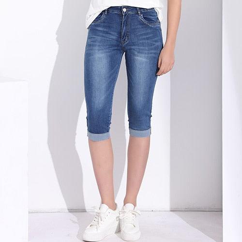 Plus Size Skinny Capris Jeans - Woman Female Stretch Knee - Length Denim Shorts Pants - High Waist (D21)(TB6)