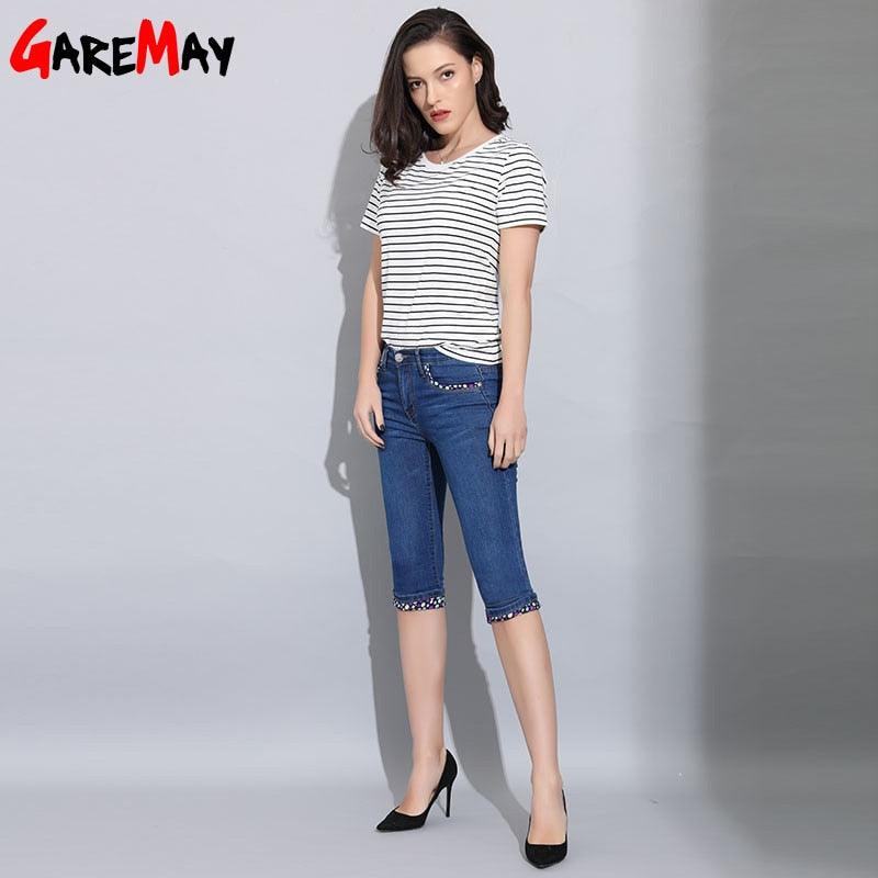 Trending Skinny Capris Jeans - Woman Summer Blue Denim Knee Length
