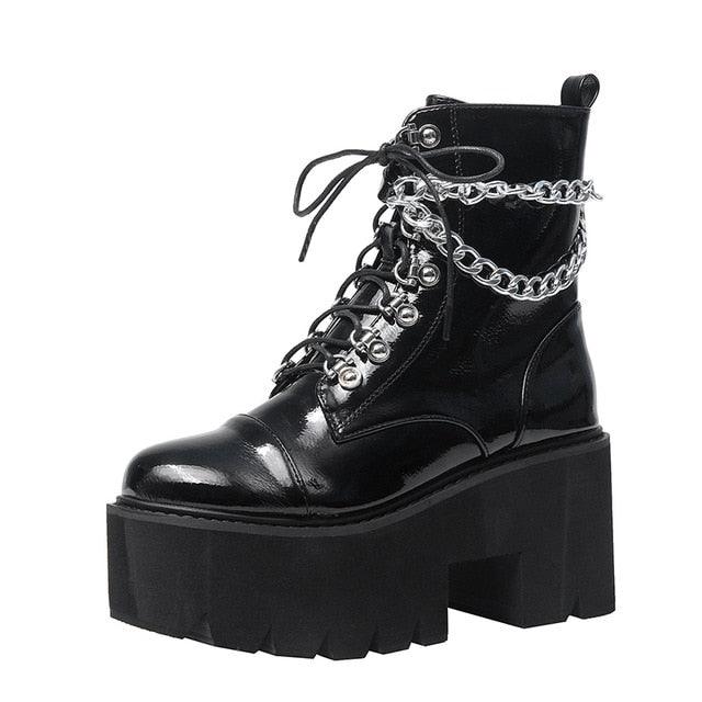 Fashion Trending Patent Leather Women's Boots - Sexy Chain Chunky Heel - Platform Boots (BB1)(BB2)(BB5)